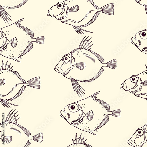 Vector seamless pattern hand drawn illustration of a deep sea fishes made in graphic style. Ink drawing, beautiful design elements. Perfect print for any business related to the fish industry.
