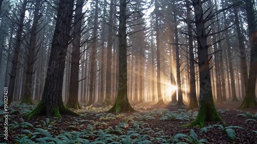 Wallpaper Mural Mystical Forest Sunrise: Sun rays filter through the towering trees of a misty forest, creating an ethereal and serene scene, hinting at nature's untouched beauty. Torontodigital.ca