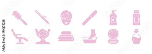 Beauty salon icon collection. This vector illustration presents skincare and wellness through glyph symbols for spa treatments, hair styling, waxing, and massage. 