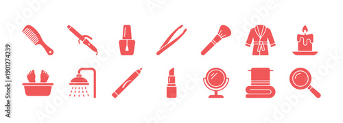 A collection of beauty salon icons. This vector illustration showcases skincare and wellness with symbols for spa treatments, hair styling, waxing, and massage. It's all about self-care and cosmetics.