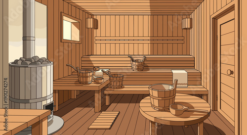 Traditional wooden sauna interior with a powerful stove, tiered benches, and traditional accessories like wooden buckets and ladles.