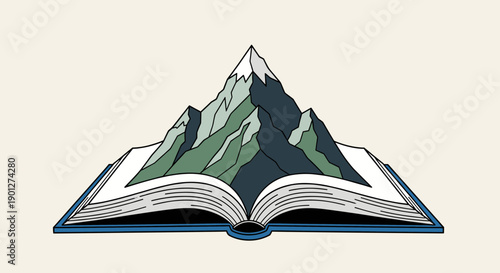 Vibrant illustrated open book with a majestic mountain range rising from its pages, depicting the power of storytelling and adventure.