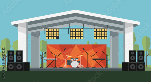 Empty outdoor concert stage is fully equipped with musical instruments and sound equipment, surrounded by trees and a clear blue sky.