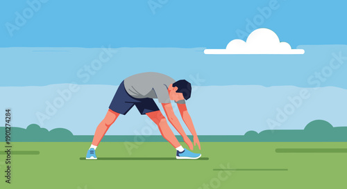 Young man performing a forward bend stretching exercise outdoors on a vibrant green field under a clear blue sky with a single cloud.