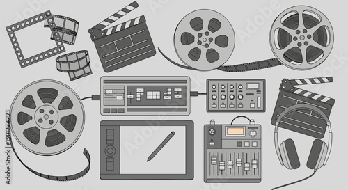 Film reels, clapperboards, editing consoles, audio mixers, and headphones are essential tools for modern video production and creative post-production work.