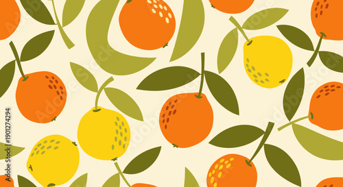 Stylized citrus fruits and leaves create a vibrant seamless pattern on a light cream background, perfect for textiles or digital designs.