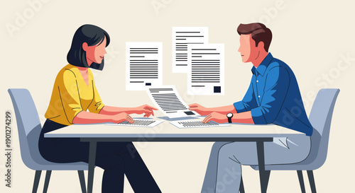 Two people discussing important business documents, reviewing agreements and contracts together at a table in a collaborative professional setting.