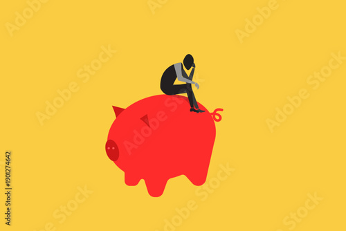 Businessman sitting on a large red piggy bank, symbolizing financial stress, retirement planning, and the psychological burden of managing personal savings in an uncertain economy
