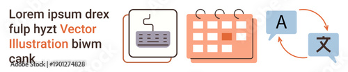 Workflow management, language translation, productivity tools, scheduling, multilingual communication, digital services. Keyboard, calendar and translation icons. Workflow management and language