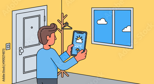 Man checks his smartphone for the weather forecast, looking at the screen displaying temperature and an umbrella icon in a hallway.