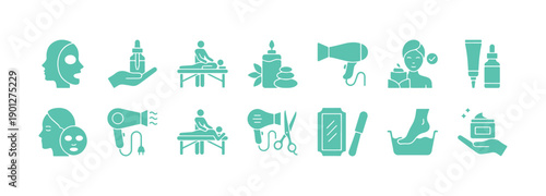 Beauty salon icon collection. This vector illustration includes symbols for skincare and wellness, featuring spa treatments, hair styling, waxing, and massage. It's centered around self-care and cosme