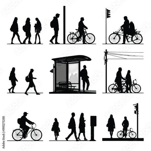 Urban transportation usage silhouettes, people mobility and commute vector
