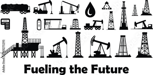 Diverse collection of oil and gas industry black silhouettes with the phrase Fueling the Future