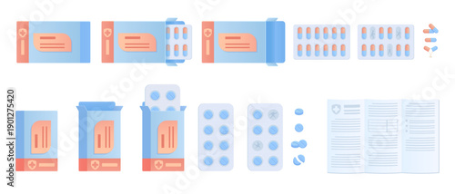Flat vector illustration of medical pills, capsules, blister packs and drug packaging with leaflet for healthcare and pharmacy use, isolated pharmaceutical medication set and icons