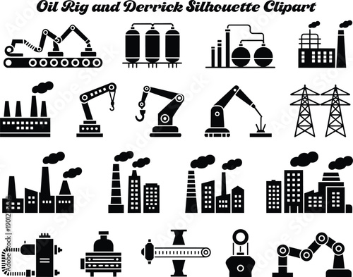 Extensive collection of black industrial silhouettes featuring factories, power pylons, robotic arms, and production machinery