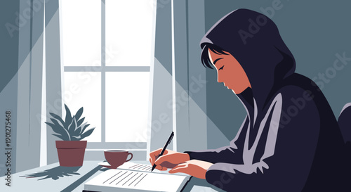 Person writing in notebook with pen, focused on their work at a desk by a bright window with curtains, a potted plant, and a coffee cup.