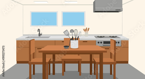 Modern minimalist kitchen interior with wooden dining table and chairs, featuring a counter, sink, stovetop, and various cooking utensils in a bright, clean illustration.