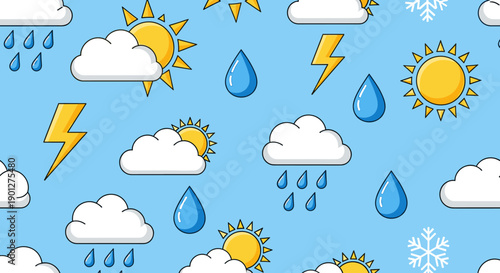 Seamless pattern of various weather symbols including sun, clouds, raindrops, lightning, and snowflakes against a bright blue sky.