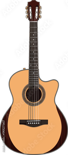 Detailed acoustic guitar vector illustration featuring a classic wooden body design with strings and fretboard for music industry and artistic performance concepts.