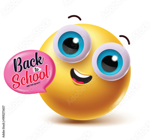 Cute Yellow Emoji Character Holding Pink Back to School Speech Bubble Icon on White Background