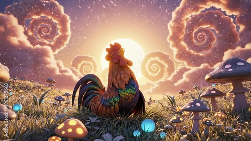 A Majestic Rooster in a Surreal Dreamscape with Swirling Clouds and Mushrooms.