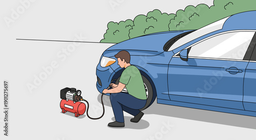 Man inflating car tire with air compressor to ensure proper pressure for safe driving and vehicle maintenance in a simple outdoor setting.