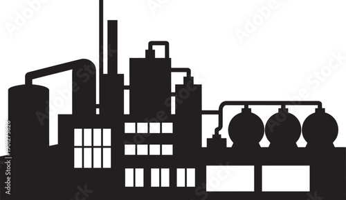 Large industrial factory building complex with tanks and smokestacks in a black silhouette