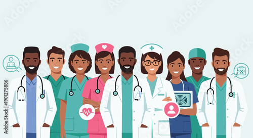 Diverse group healthcare professionals standing together smiling confidently, representing a strong and unified medical team on a light background.