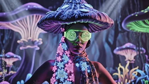 A mesmerizing psychedelic portrait of a woman in a mushroom hat and glasses.