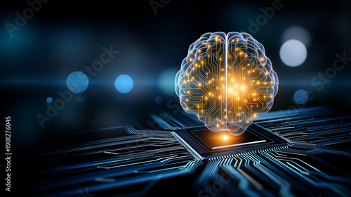 AI assistant brain processor with LLM technology, big data machine learning, generative AI business support, future agentic AI technology prompt engineering, with copy space