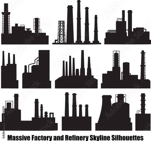 Nine distinct black silhouettes of industrial factories and refinery complexes with chimneys and towers
