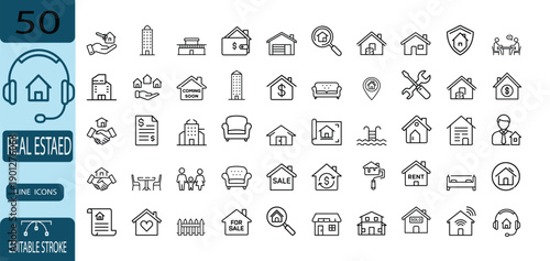 Real estate line icon set, house for sale and rent symbol, mortgage loan property investment, home insurance and agent handshake, construction blueprint vector illustration with editable stroke.