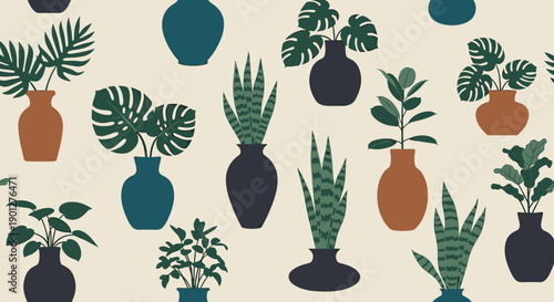 Potted houseplants, green foliage, and botanical elements form a stylish seamless pattern on a light beige background, perfect for decor.