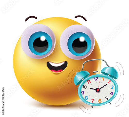 Happy Yellow Emoji Character with Big Blue Eyes Holding a Ringing Blue Alarm Clock Illustration