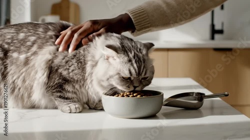 A person is feeding a cat dry food from a bowl in the kitchen.