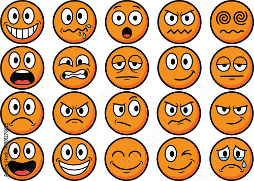 Colorful cartoon emoji faces collection showing different emotions and expressions, funny smiley icons set for social media stickers apps designs