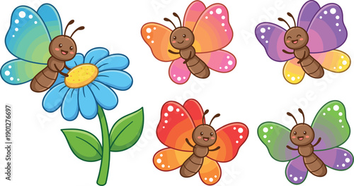 Cute cartoon butterfly characters set with colorful wings and flower, kids friendly insect illustration, playful nature design isolated on white background vector