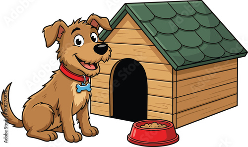Cute cartoon dog sitting beside wooden doghouse with food bowl, friendly puppy pet illustration for kids design, pet care concepts, playful animal artwork