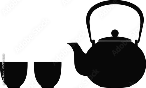 Cartoon silhouette illustration of traditional teapot with two teacups, symbolizing tea culture, ceremony, hospitality, and minimalist design.
