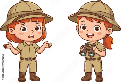 Cute cartoon explorer kids character set with safari outfits, binoculars, happy and confused expressions, colorful vector illustration isolated on white background