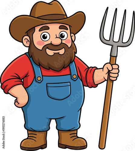 Cute cartoon farmer character holding pitchfork, smiling bearded countryside man in overalls and hat, colorful rural mascot illustration for kids designs projects