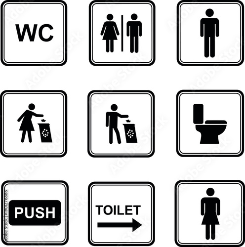 Essential bathroom signage set including WC text, gender neutral restroom, male and female figures, waste disposal, toilet bowl, and push door icons.