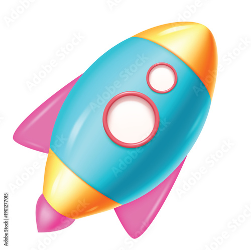 Colorful 3D Toy Rocket Ship Illustration with Blue, Pink, and Yellow Accents on White Background