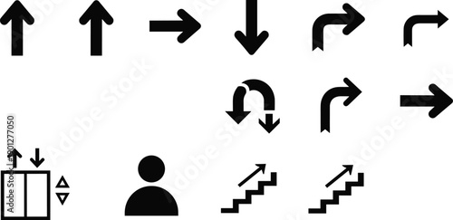 Navigation arrow icon set, direction symbols, user interface controls, wayfinding signs, up down left right arrows, flat minimal vector illustration
