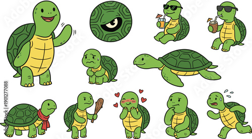 Cute turtle character set illustration showing multiple emotions, poses and activities, cartoon reptile mascot collection for children education, stickers and branding projects