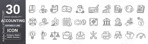 Accounting icons set. Included  finance, money, tax, budget, calculator, invoice, audit more collection. Editable stroke. Line icons. Vector illustration