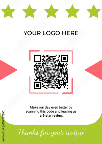 Google Review QR Code Table Tent Template with 5 Stars - Red and Green Style