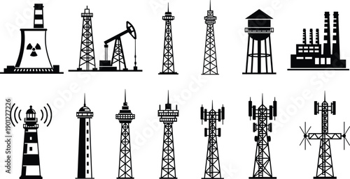 Industrial energy and communication tower vector set featuring power plants, oil rigs, radio antennas and factories in black flat silhouette design