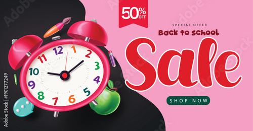 Back to School Sale Horizontal Web Banner with 50% Off Special Offer and Red Alarm Clock