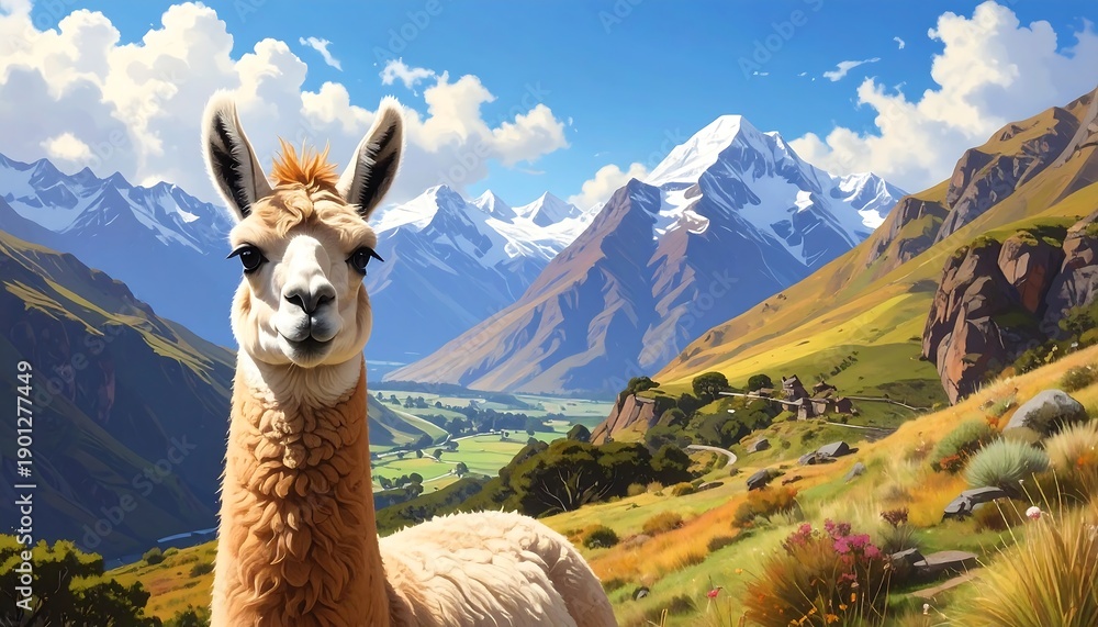 Naklejka premium A fluffy llama gazes at the viewer, set amidst a vibrant landscape of rolling hills and snow-capped mountains. A sunny sky